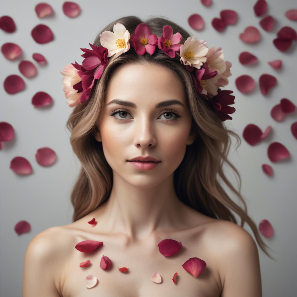 A stunning image of artistic shot of a woman with flower petals in her hair.