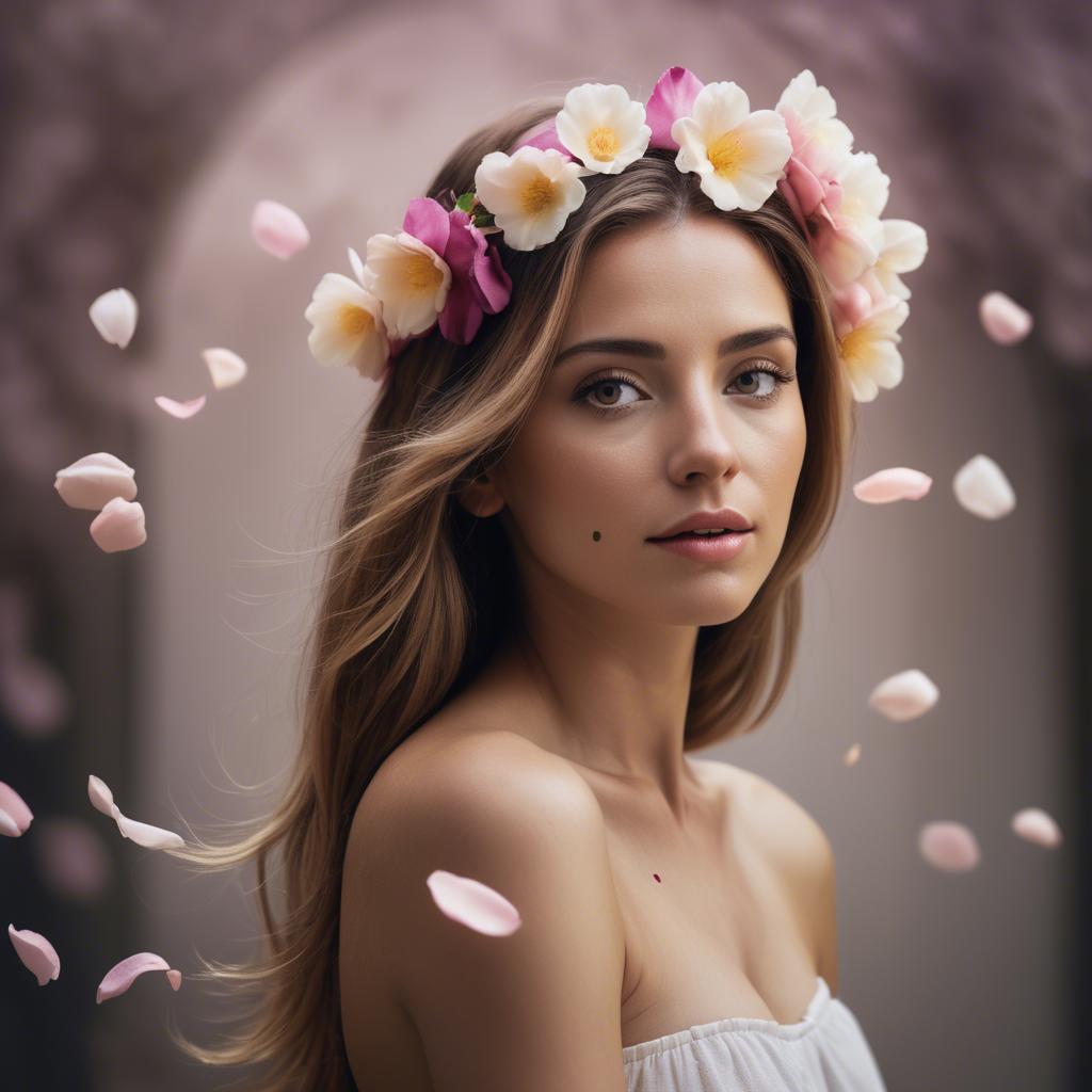 A stunning image of artistic shot of a woman with flower petals in her hair.