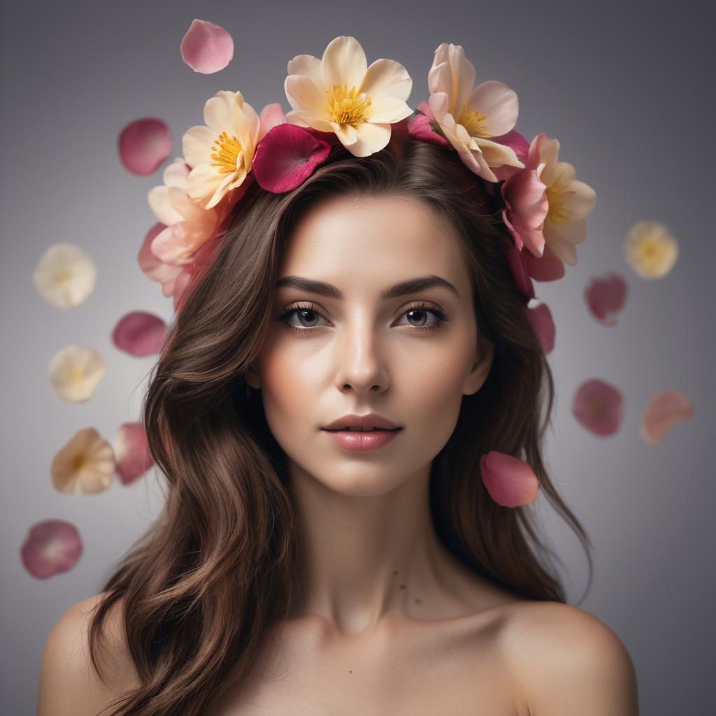 A stunning image of artistic shot of a woman with flower petals in her hair.