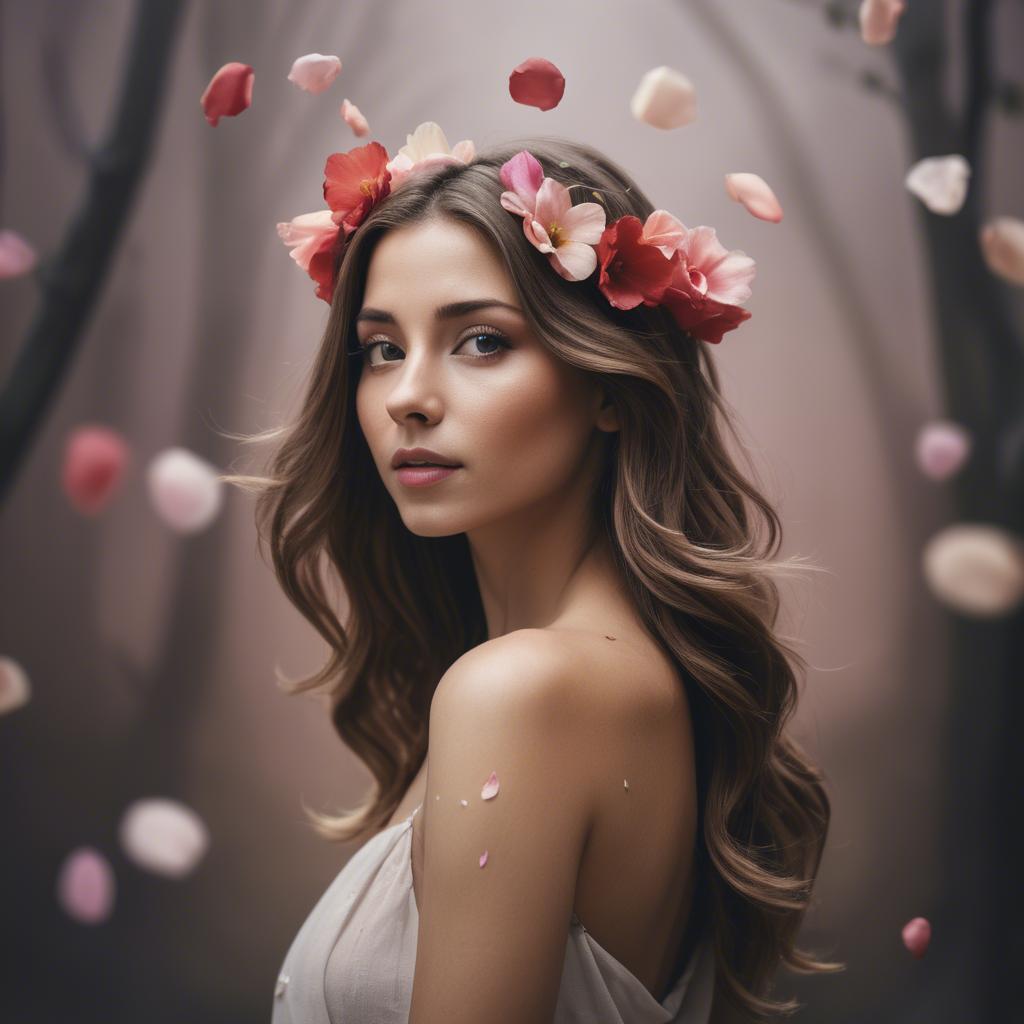 A stunning image of artistic shot of a woman with flower petals in her hair.