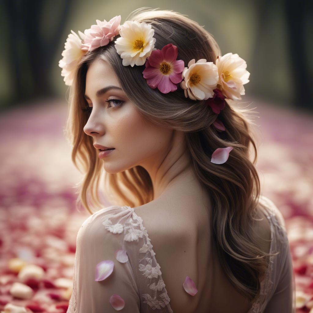 A stunning image of artistic shot of a woman with flower petals in her hair.