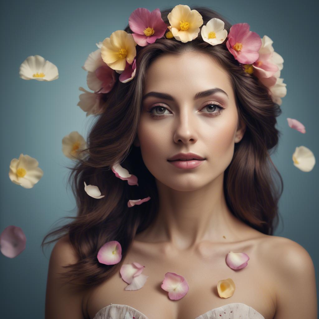 A stunning image of artistic shot of a woman with flower petals in her hair.
