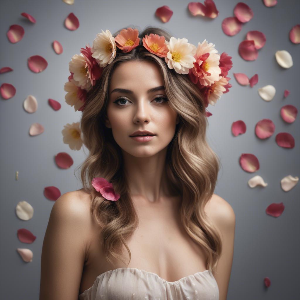 A stunning image of artistic shot of a woman with flower petals in her hair.