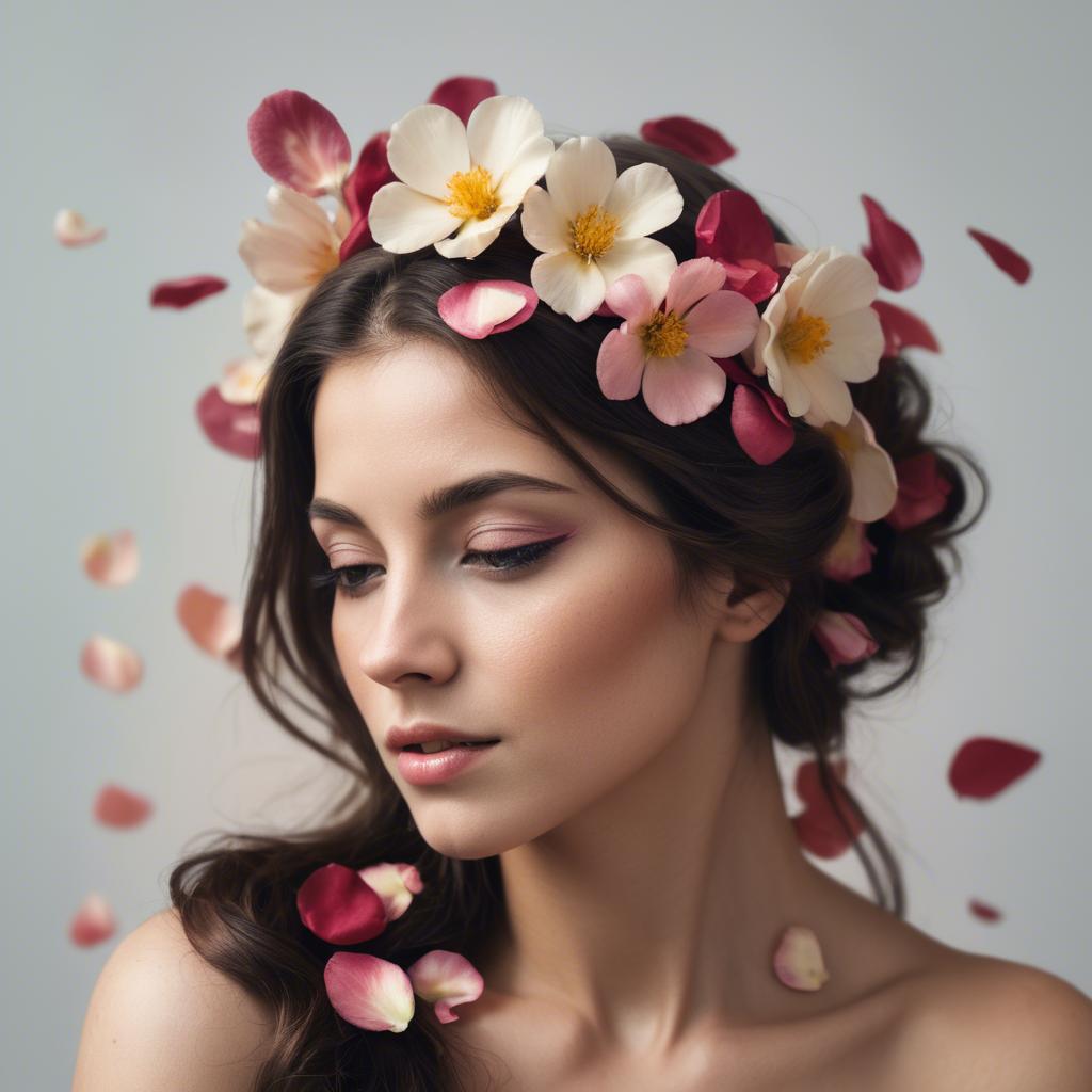 A stunning image of artistic shot of a woman with flower petals in her hair.