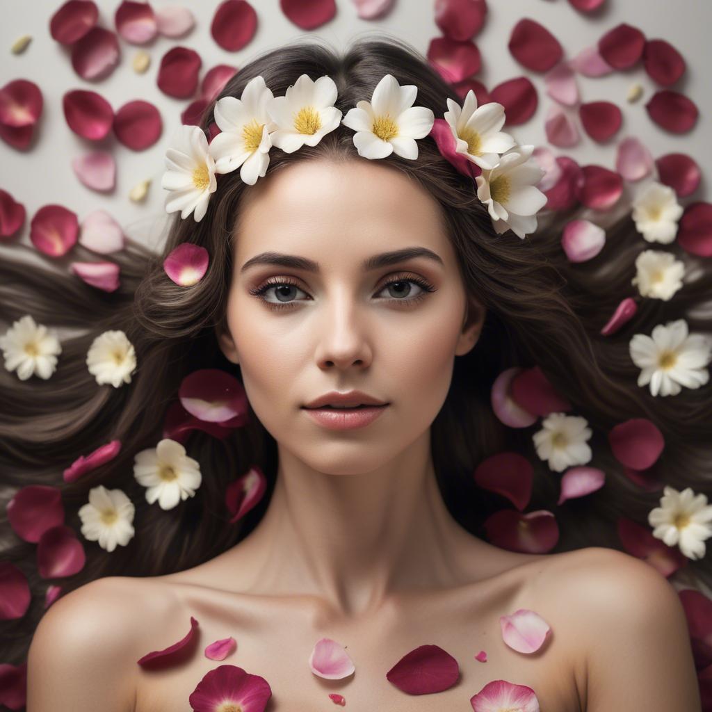 A stunning image of artistic shot of a woman with flower petals in her hair.