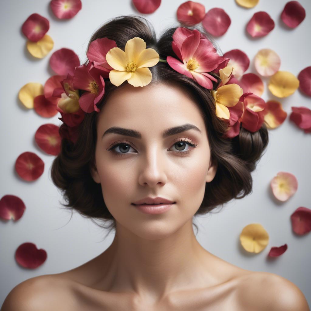 A stunning image of artistic shot of a woman with flower petals in her hair.