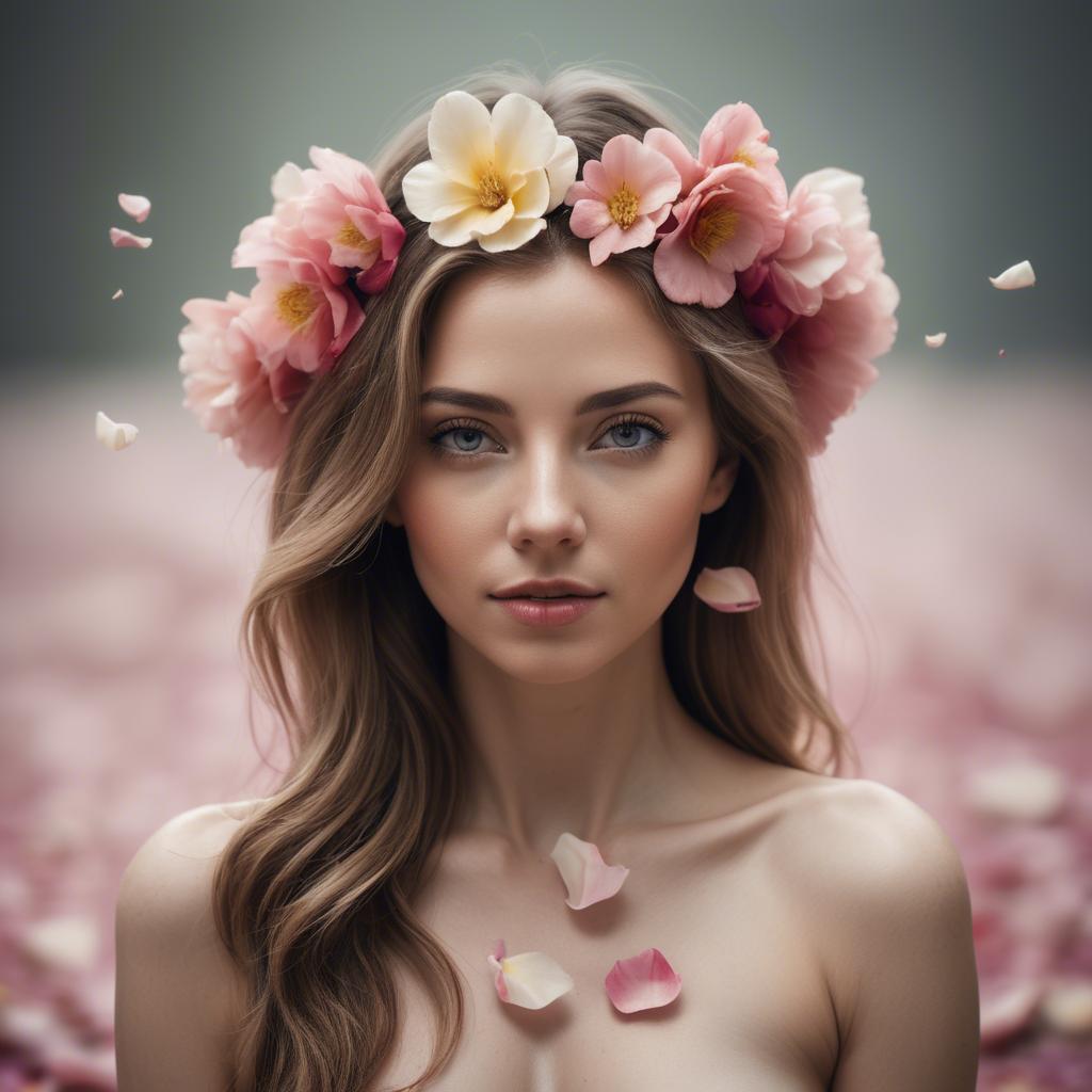 A stunning image of artistic shot of a woman with flower petals in her hair.
