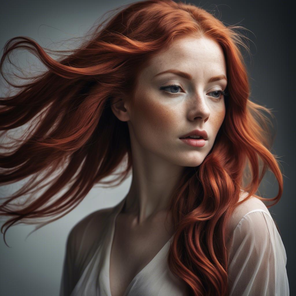 A stunning image of artistic shot of a woman with flowing red hair.