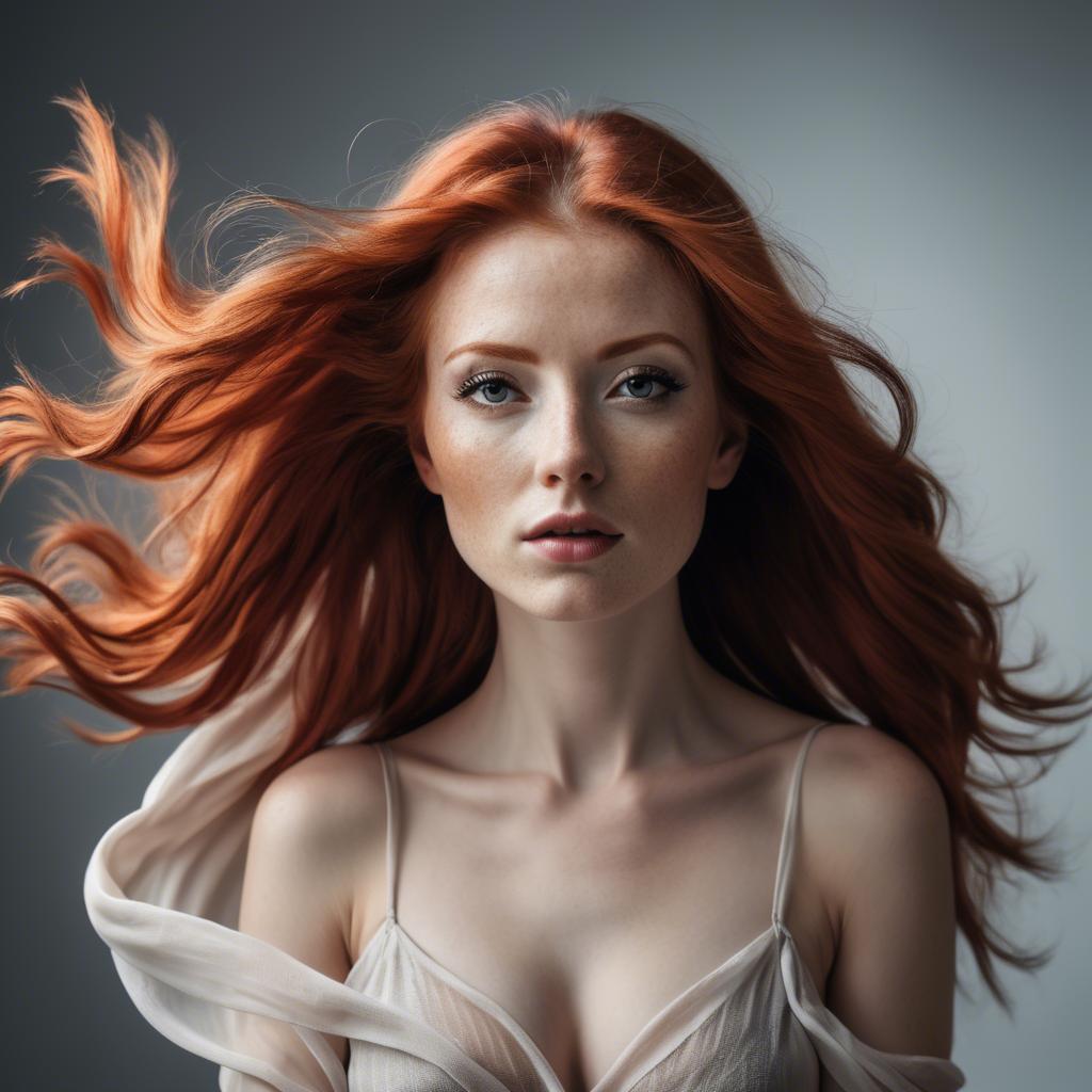 A stunning image of artistic shot of a woman with flowing red hair.