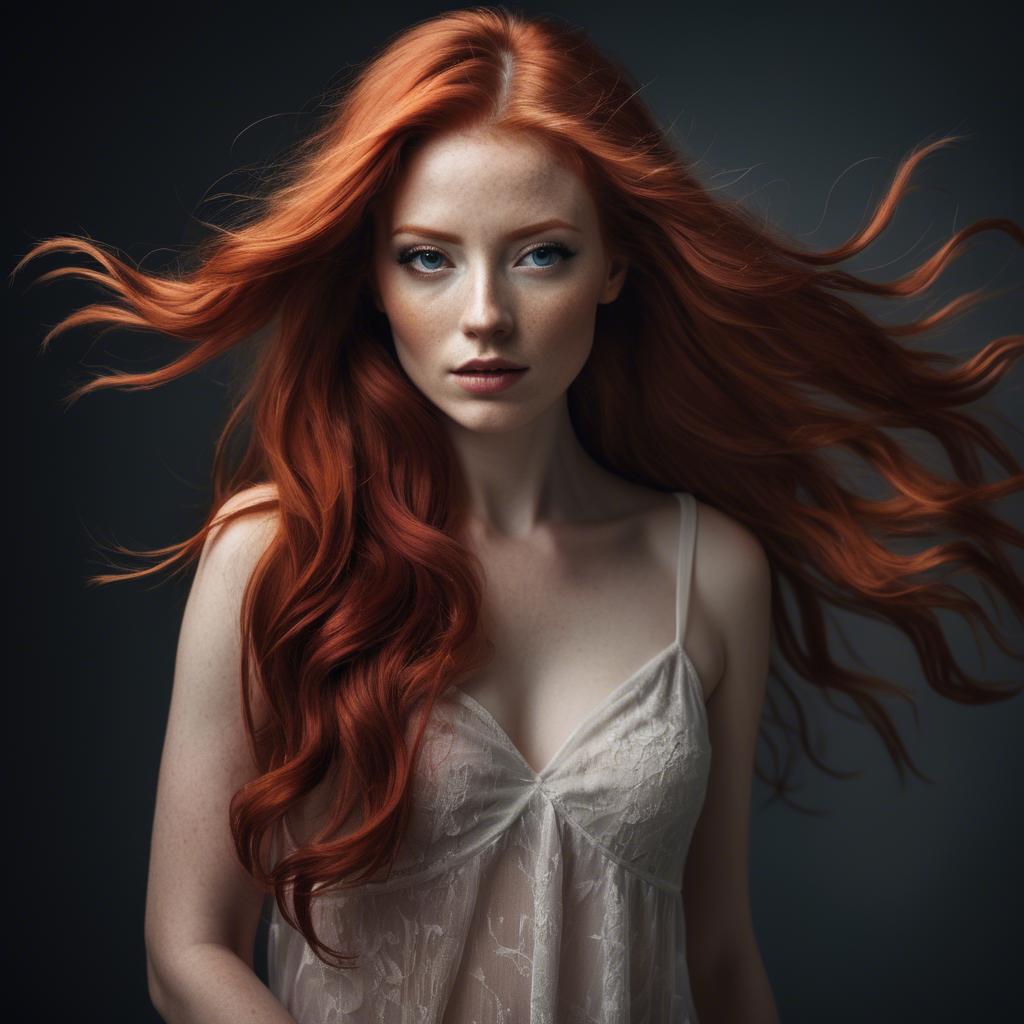 A stunning image of artistic shot of a woman with flowing red hair.