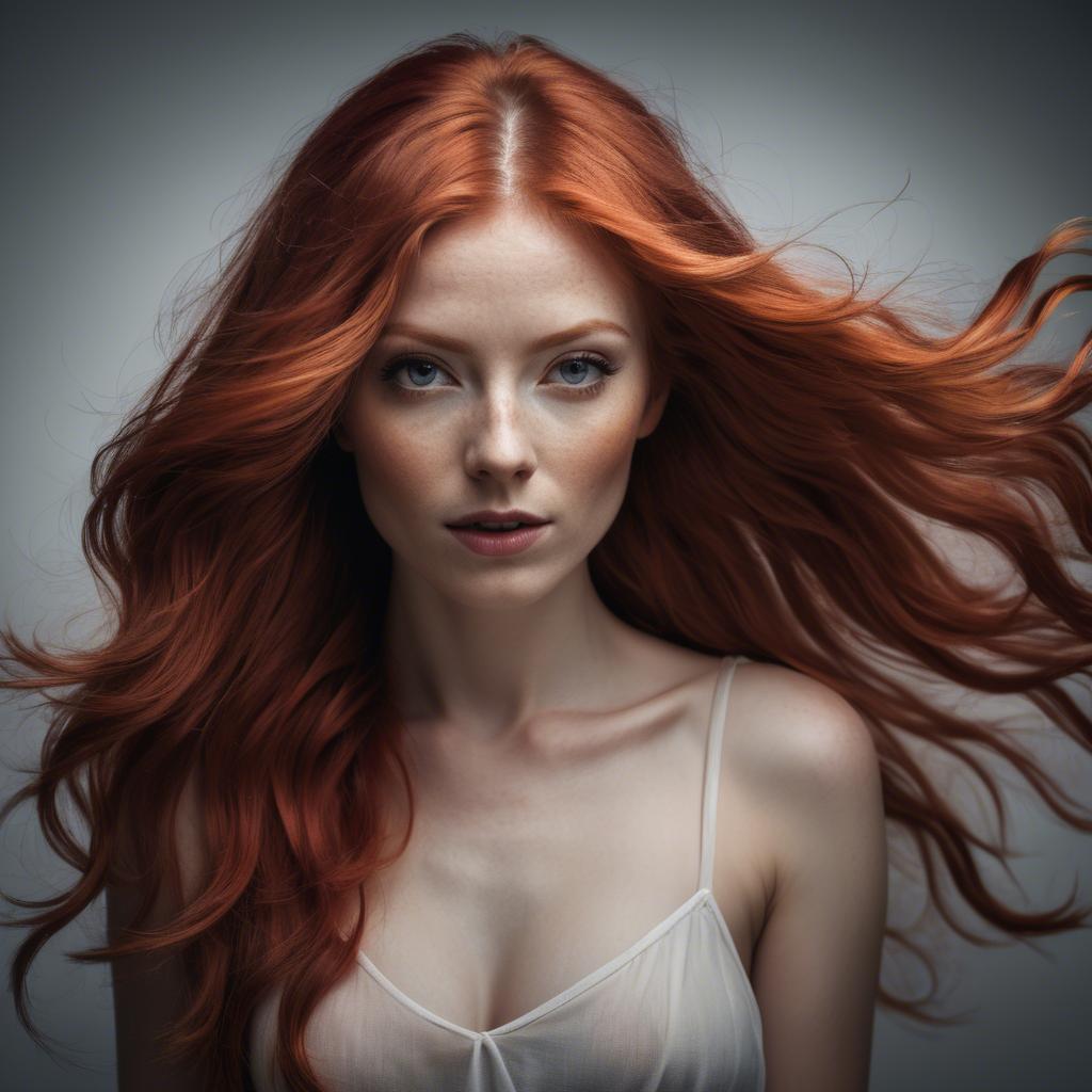 A stunning image of artistic shot of a woman with flowing red hair.