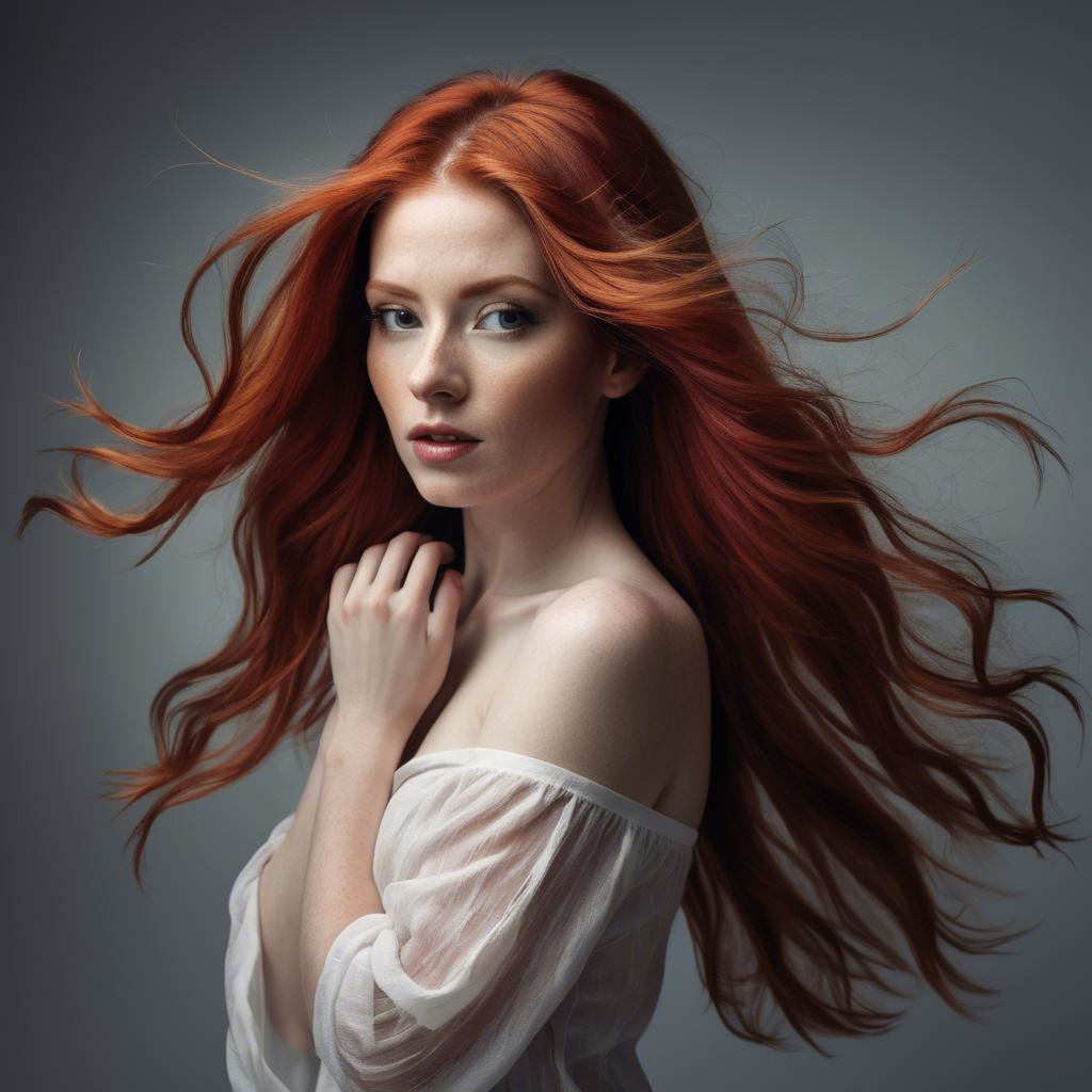 A stunning image of artistic shot of a woman with flowing red hair.