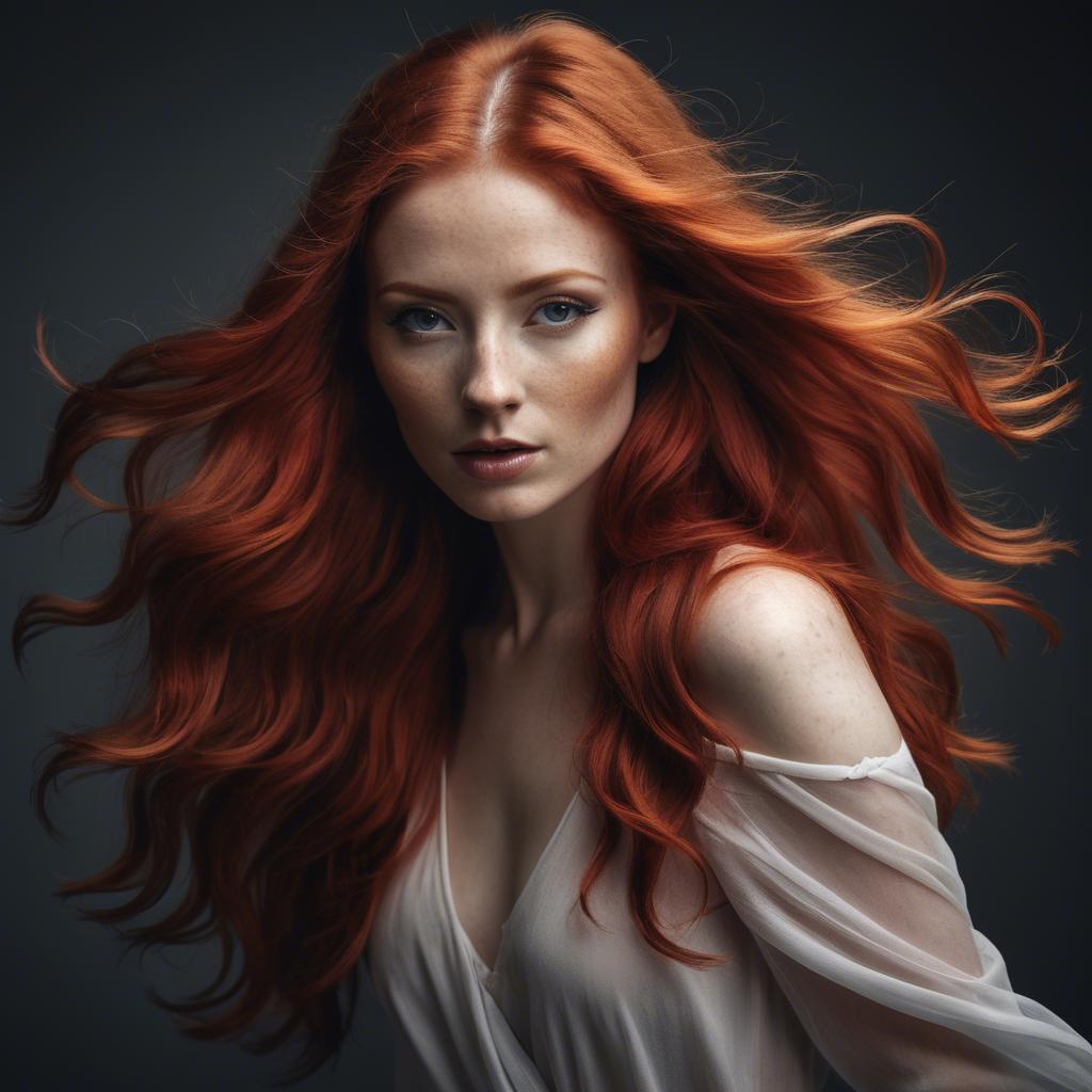 A stunning image of artistic shot of a woman with flowing red hair.