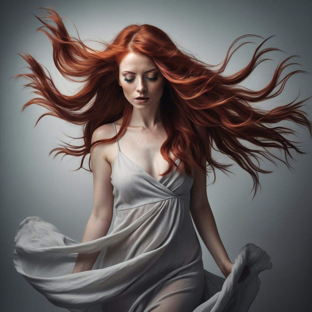 A stunning image of artistic shot of a woman with flowing red hair.
