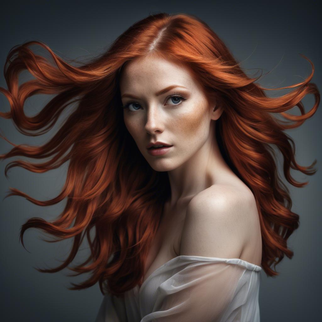 A stunning image of artistic shot of a woman with flowing red hair.