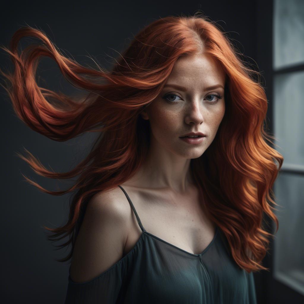 A stunning image of artistic shot of a woman with flowing red hair.