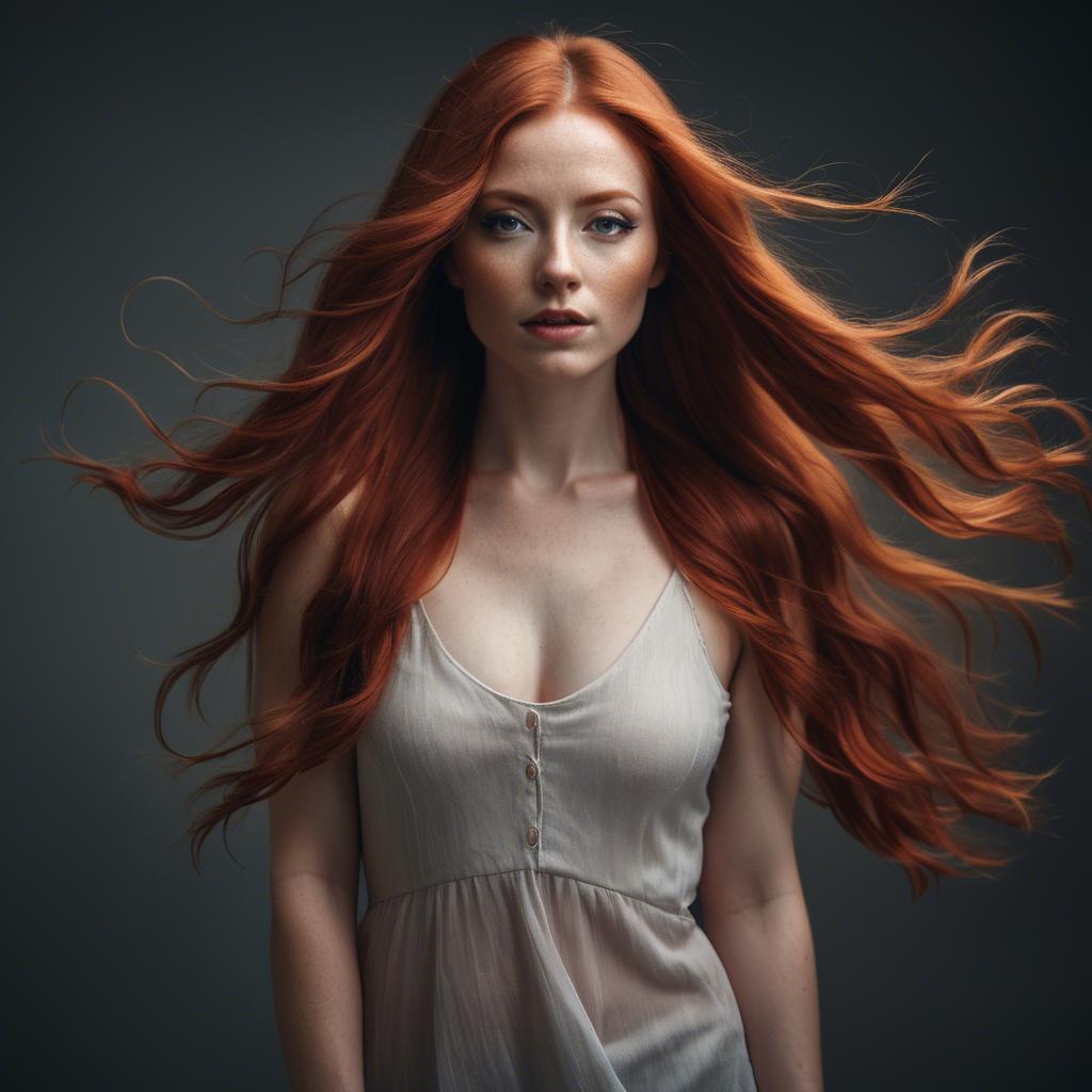 A stunning image of artistic shot of a woman with flowing red hair.
