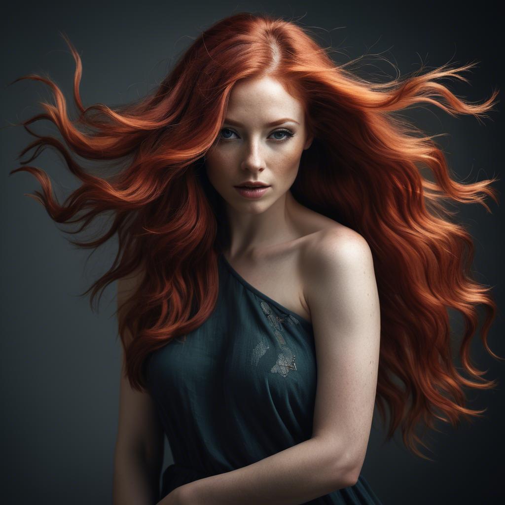A stunning image of artistic shot of a woman with flowing red hair.