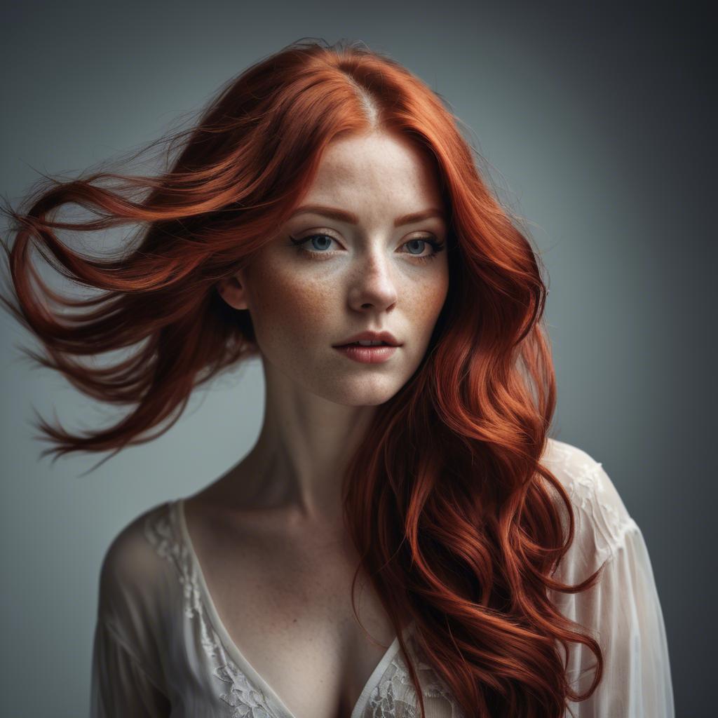 A stunning image of artistic shot of a woman with flowing red hair.