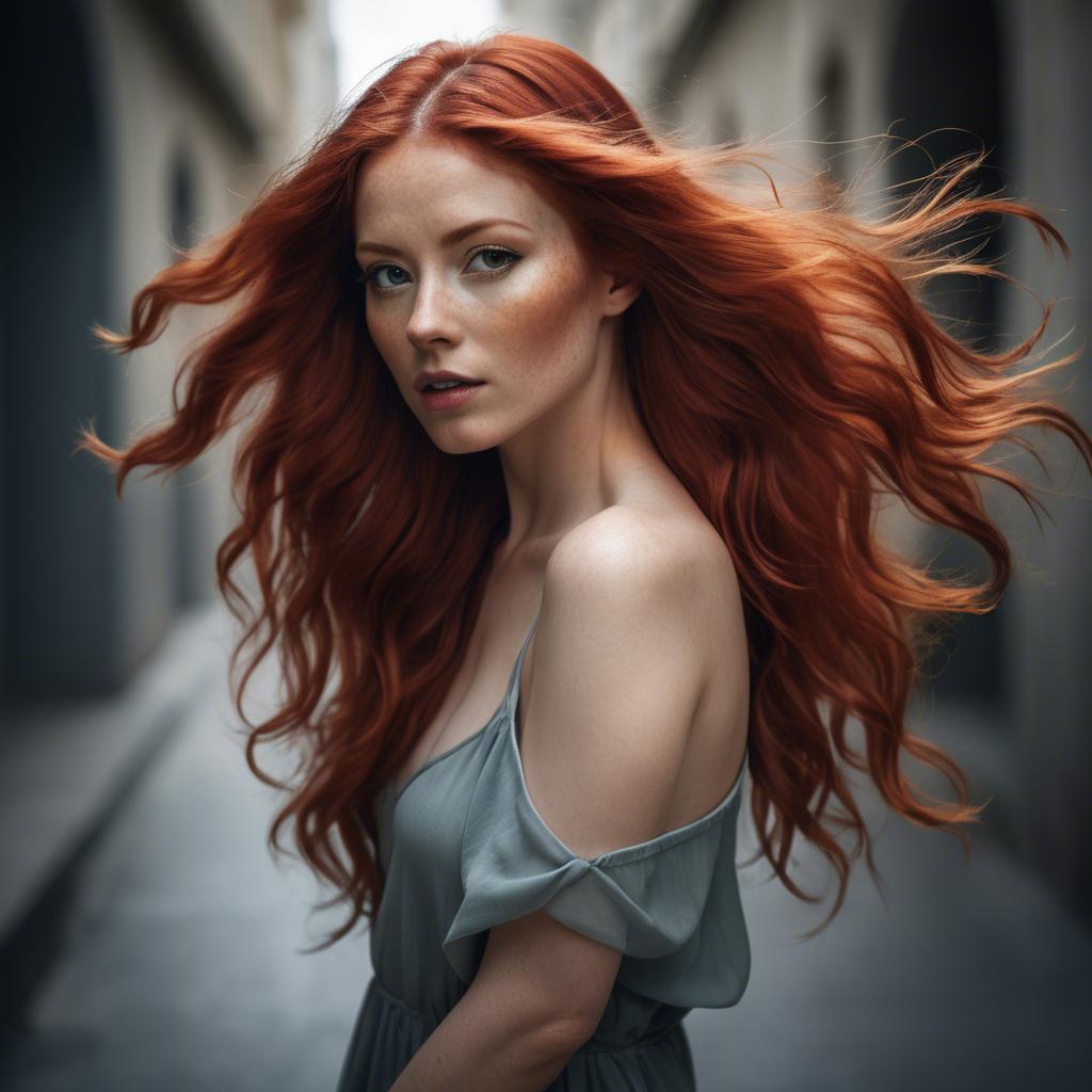 A stunning image of artistic shot of a woman with flowing red hair.