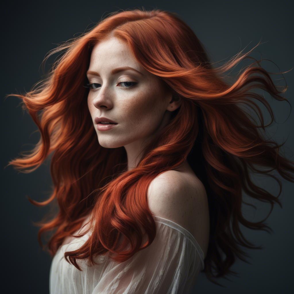 A stunning image of artistic shot of a woman with flowing red hair.