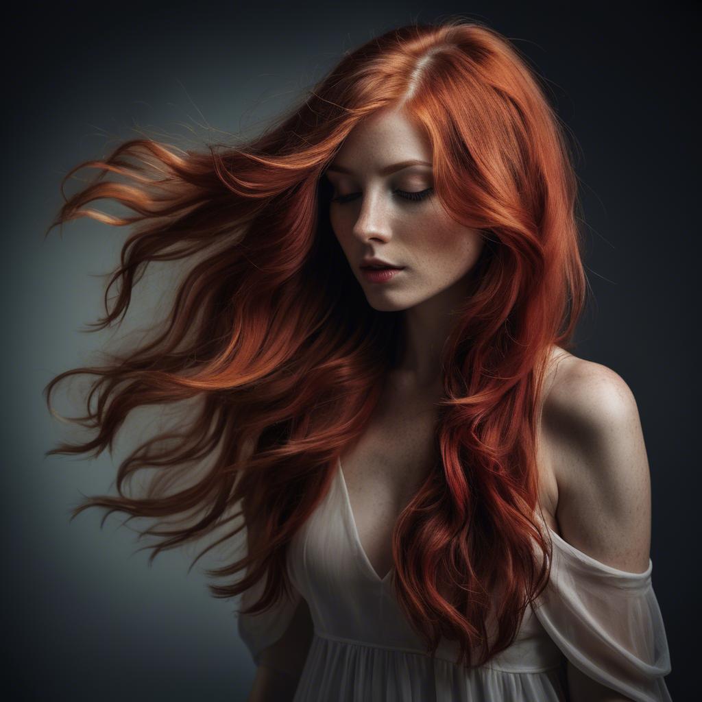 A stunning image of artistic shot of a woman with flowing red hair.