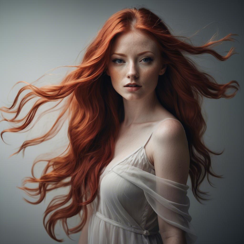A stunning image of artistic shot of a woman with flowing red hair.