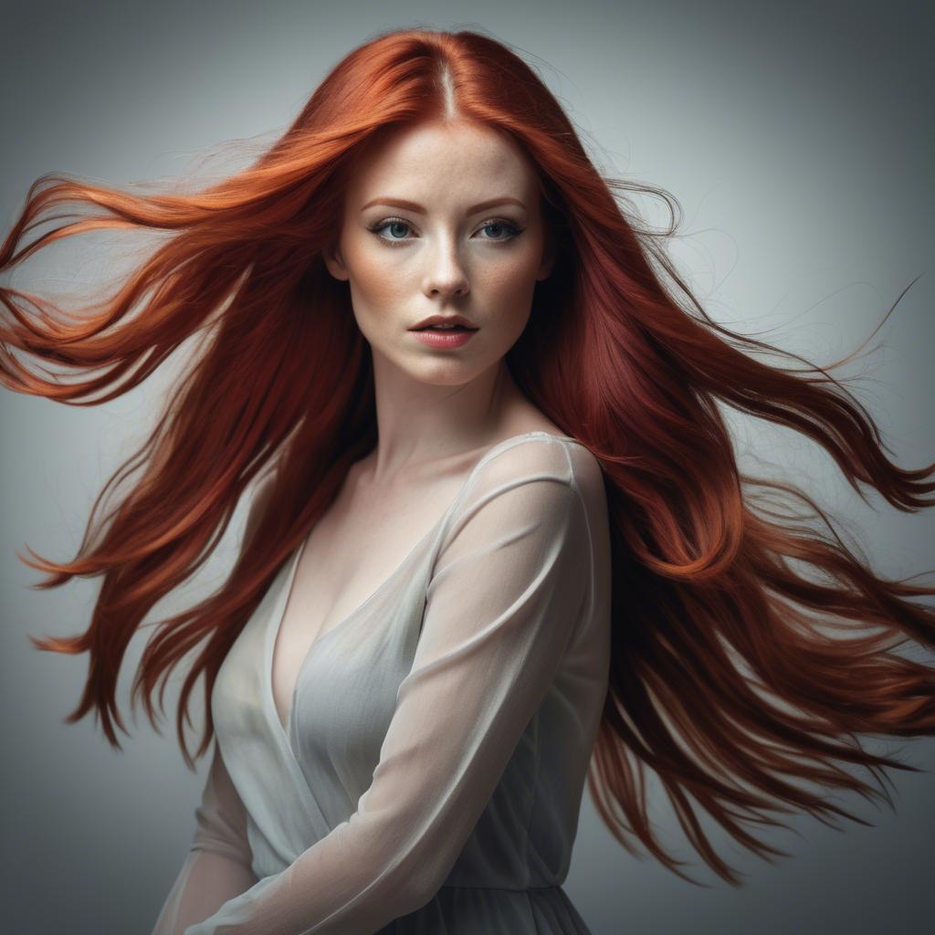 A stunning image of artistic shot of a woman with flowing red hair.