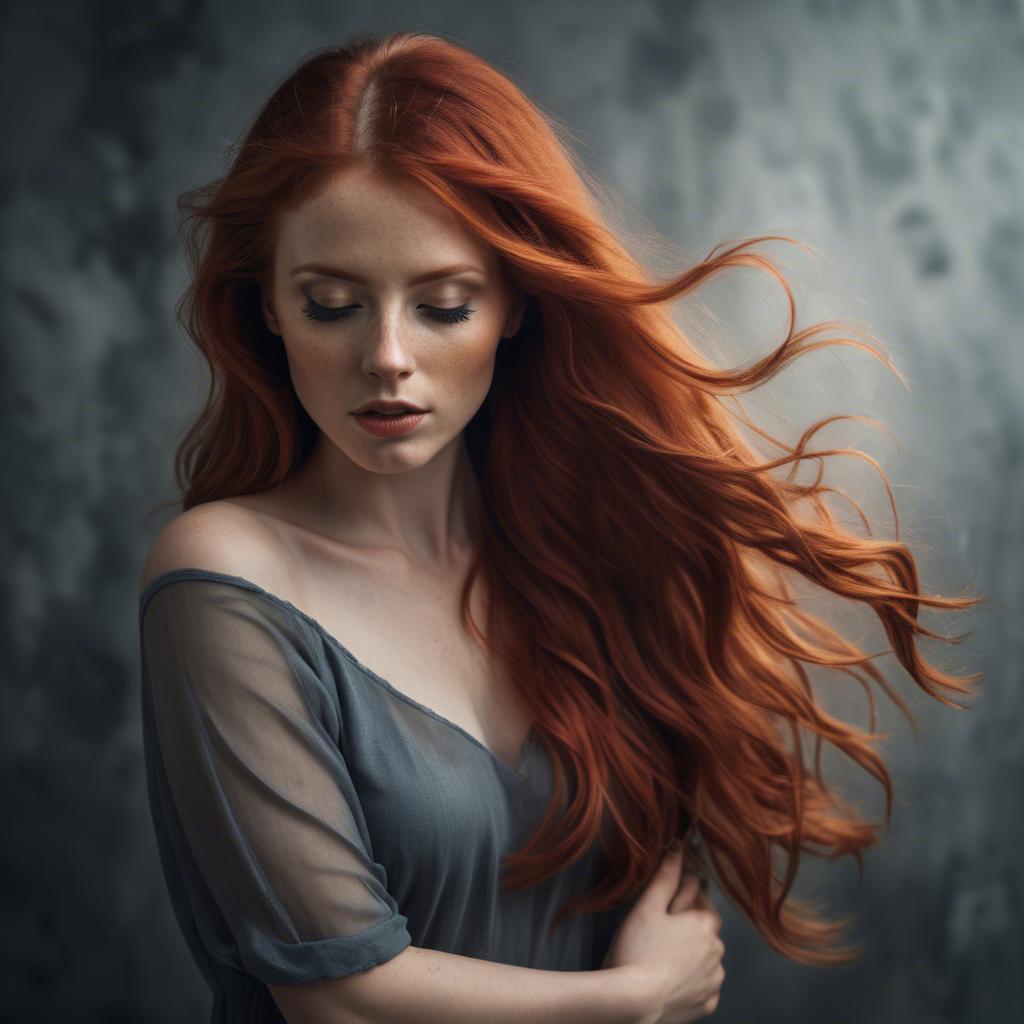 A stunning image of artistic shot of a woman with flowing red hair.