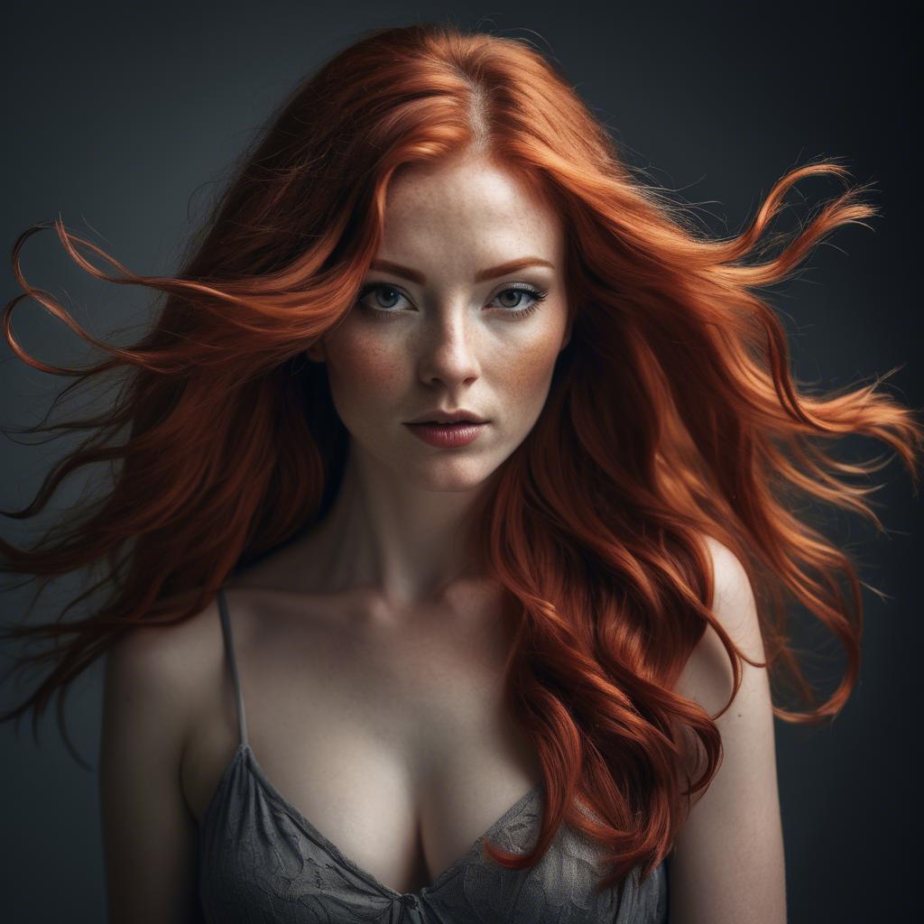 A stunning image of artistic shot of a woman with flowing red hair.
