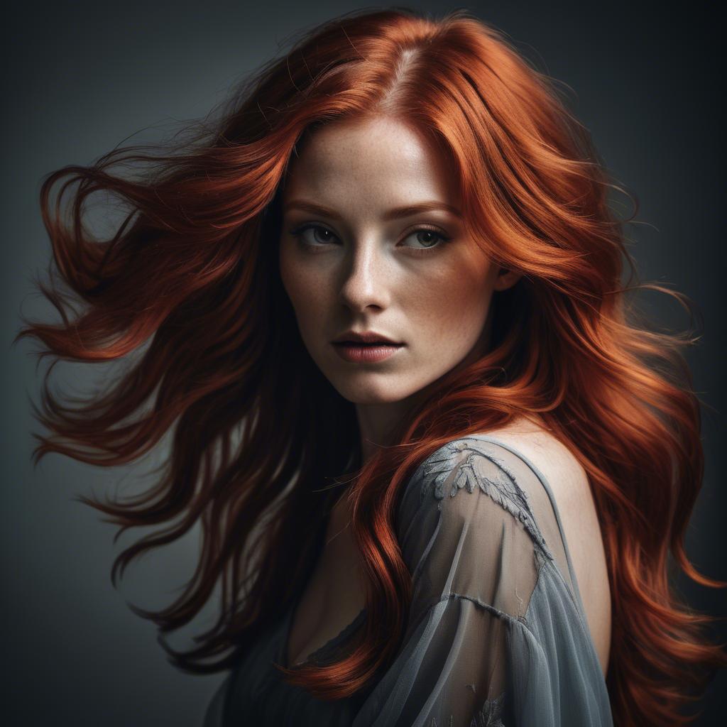 A stunning image of artistic shot of a woman with flowing red hair.