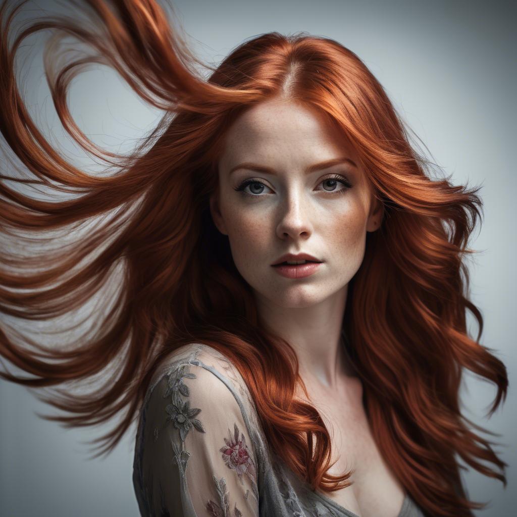 A stunning image of artistic shot of a woman with flowing red hair.