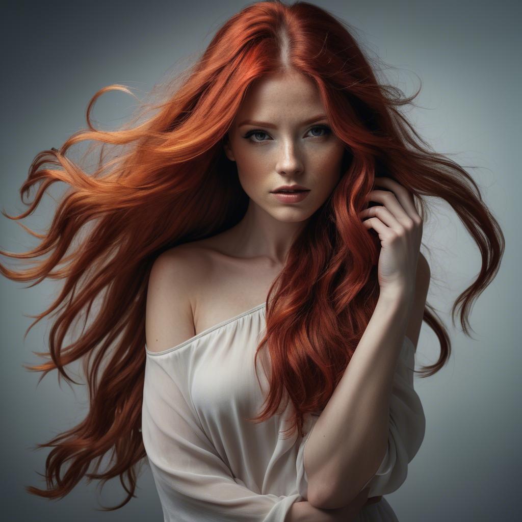 A stunning image of artistic shot of a woman with flowing red hair.