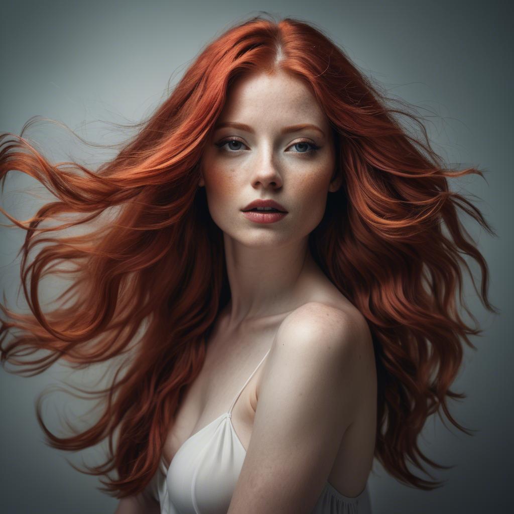 A stunning image of artistic shot of a woman with flowing red hair.