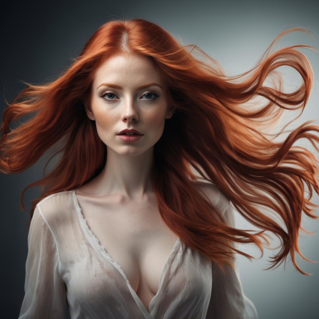 A stunning image of artistic shot of a woman with flowing red hair.
