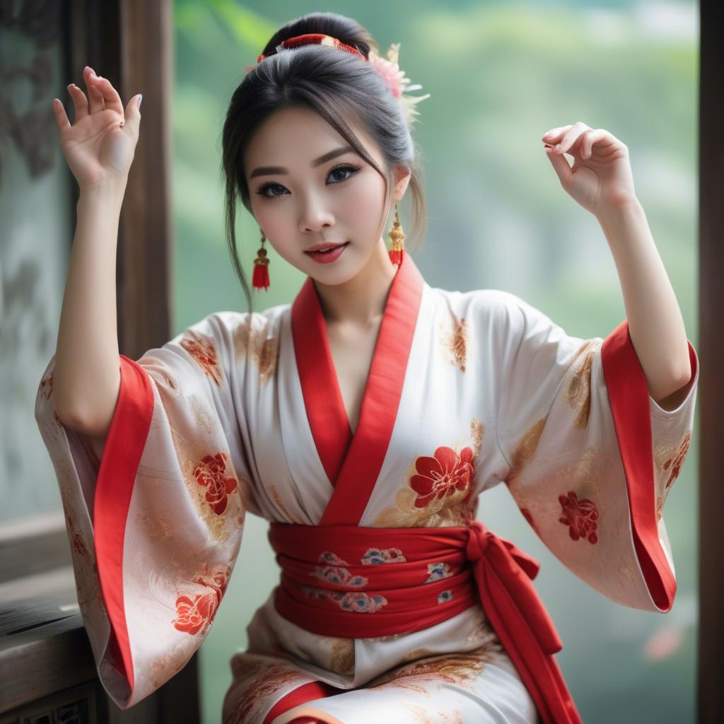 A stunning image of asian beauty, playful and alluring in traditional robe.