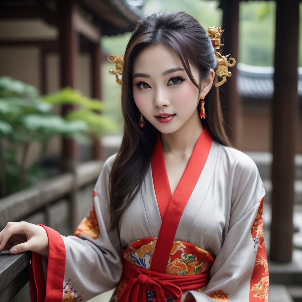A stunning image of asian beauty, playful and alluring in traditional robe.