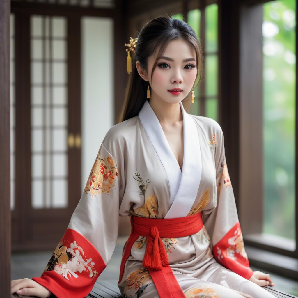 A stunning image of asian beauty, playful and alluring in traditional robe.