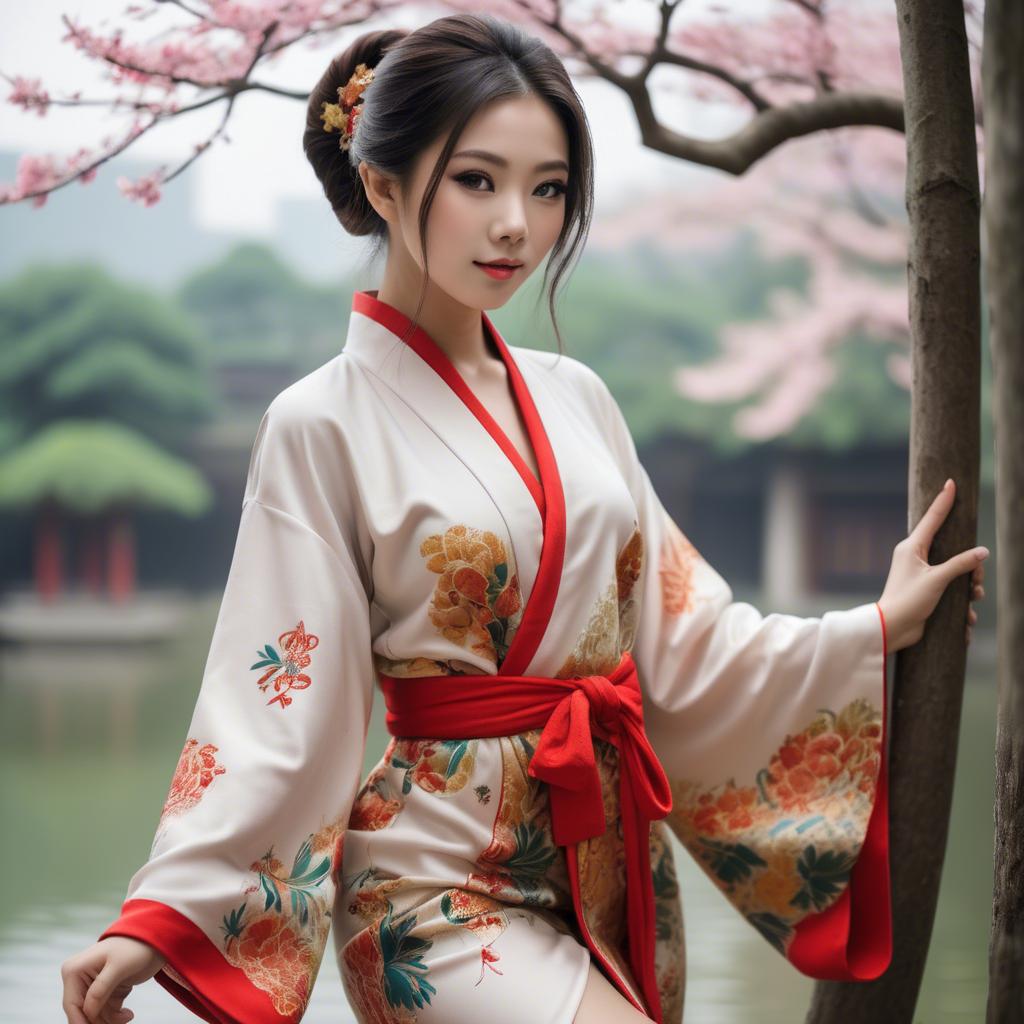 A stunning image of asian beauty, playful and alluring in traditional robe.