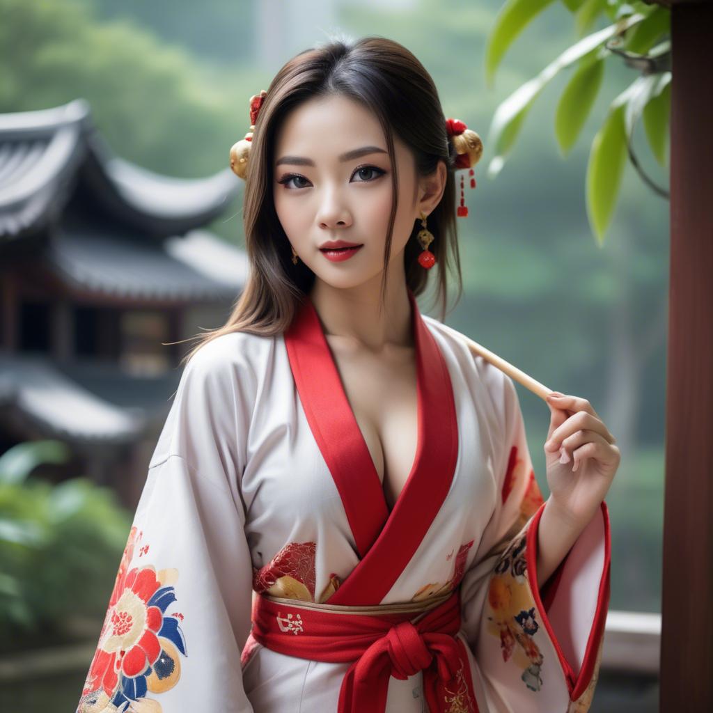 A stunning image of asian beauty, playful and alluring in traditional robe.