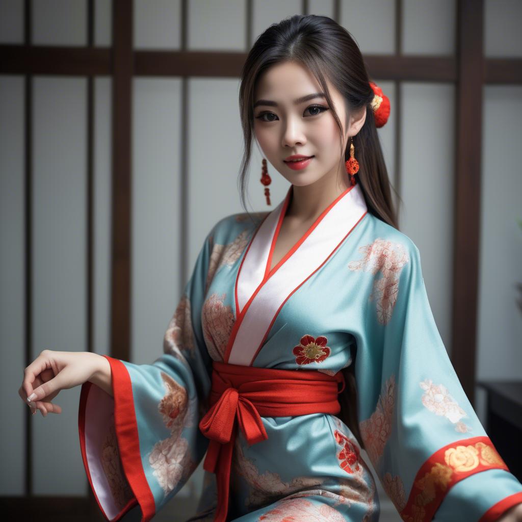 A stunning image of asian beauty, playful and alluring in traditional robe.