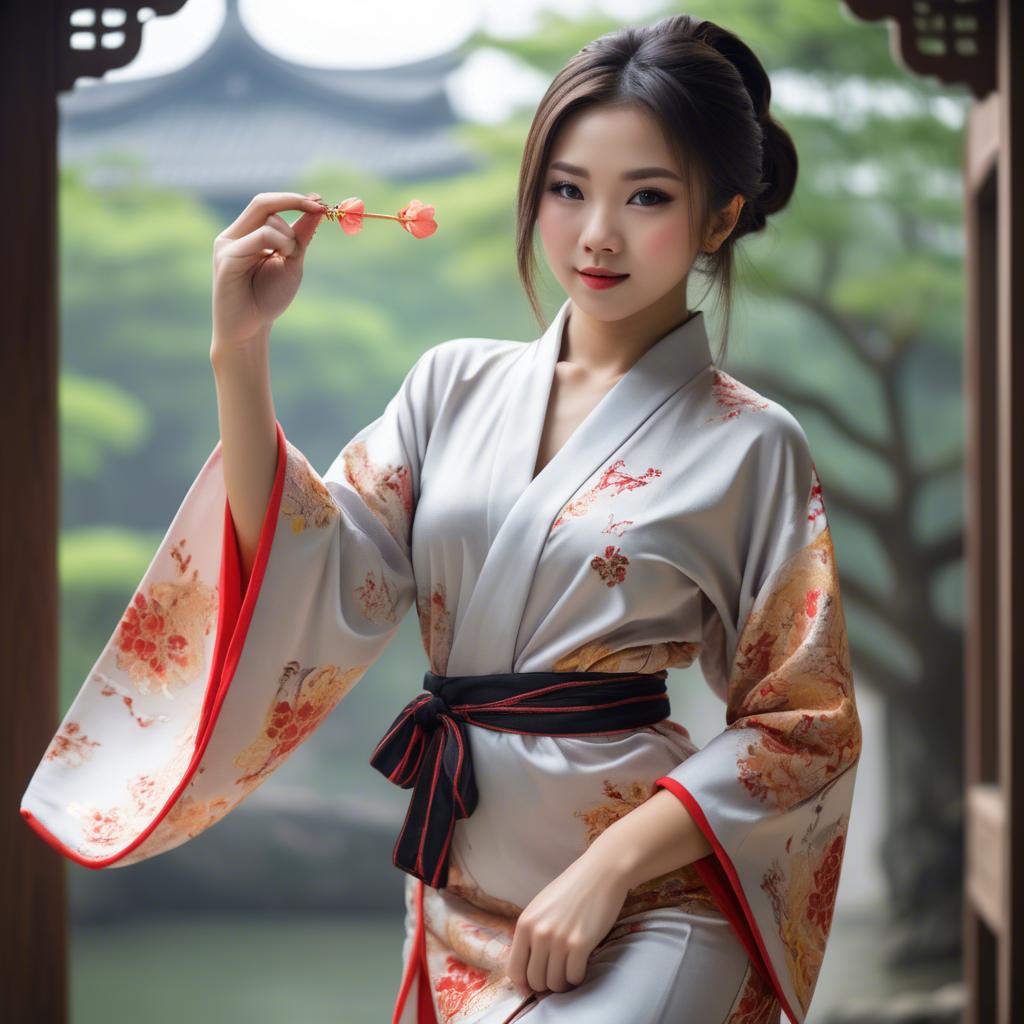 A stunning image of asian beauty, playful and alluring in traditional robe.