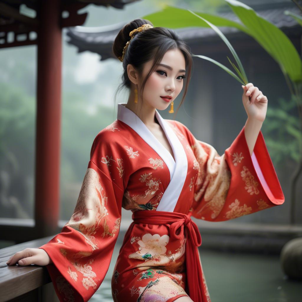 A stunning image of asian beauty, playful and alluring in traditional robe.