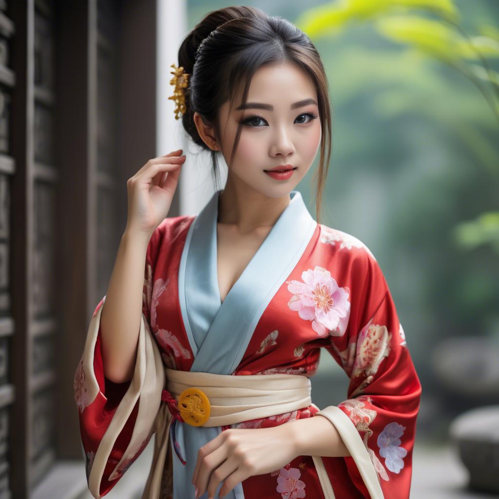 A stunning image of asian beauty, playful and alluring in traditional robe.