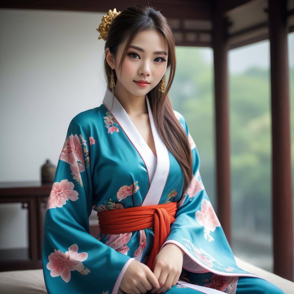 A stunning image of asian beauty, playful and alluring in traditional robe.