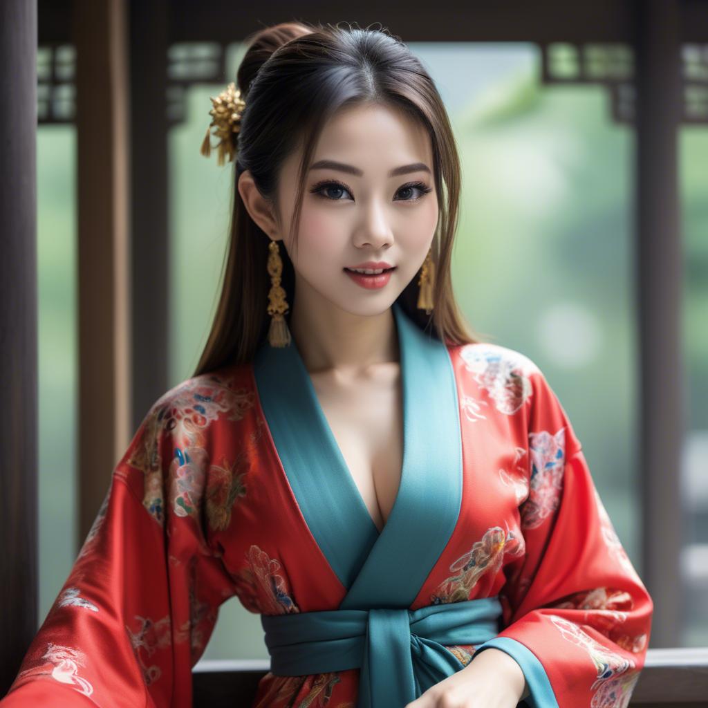 A stunning image of asian beauty, playful and alluring in traditional robe.