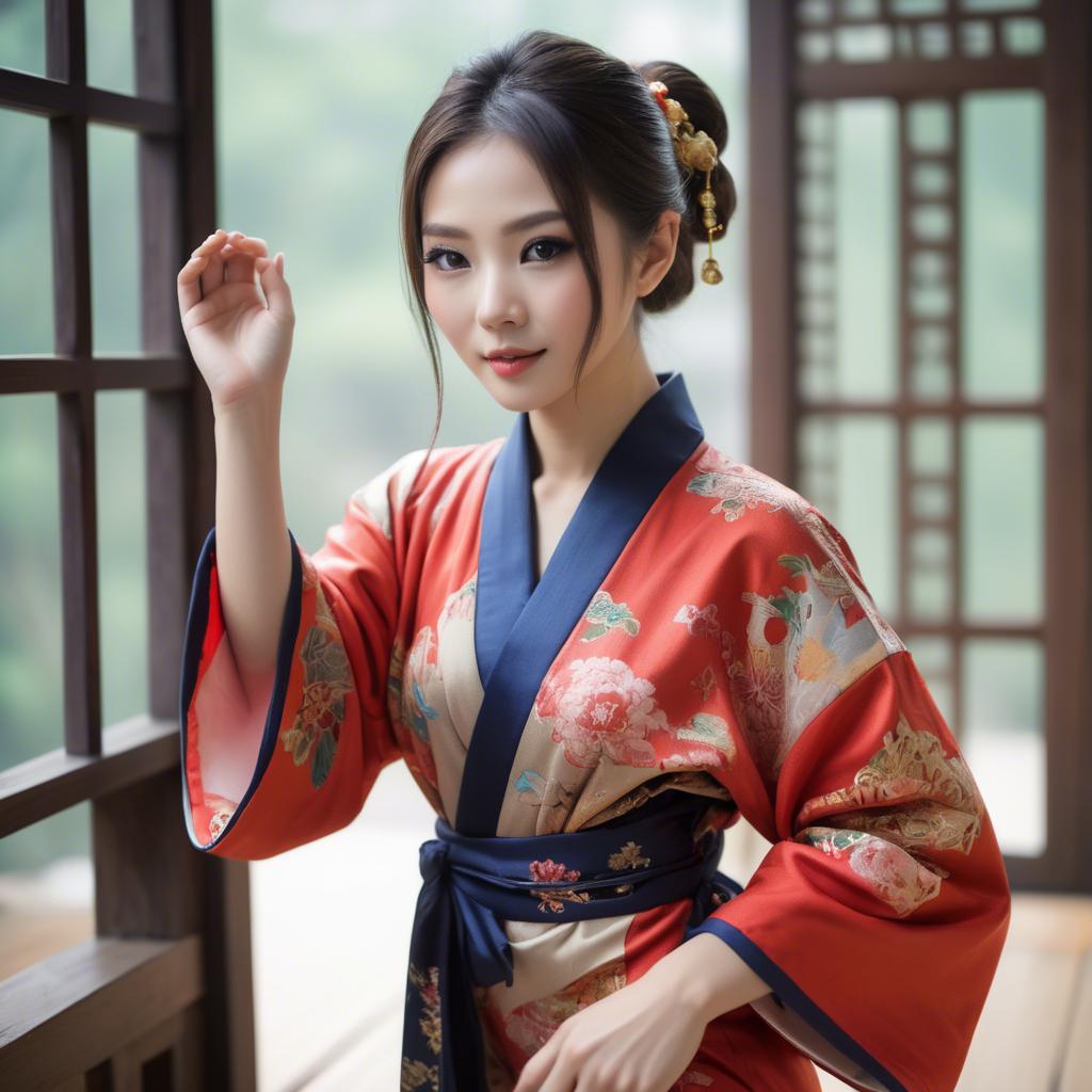 A stunning image of asian beauty, playful and alluring in traditional robe.