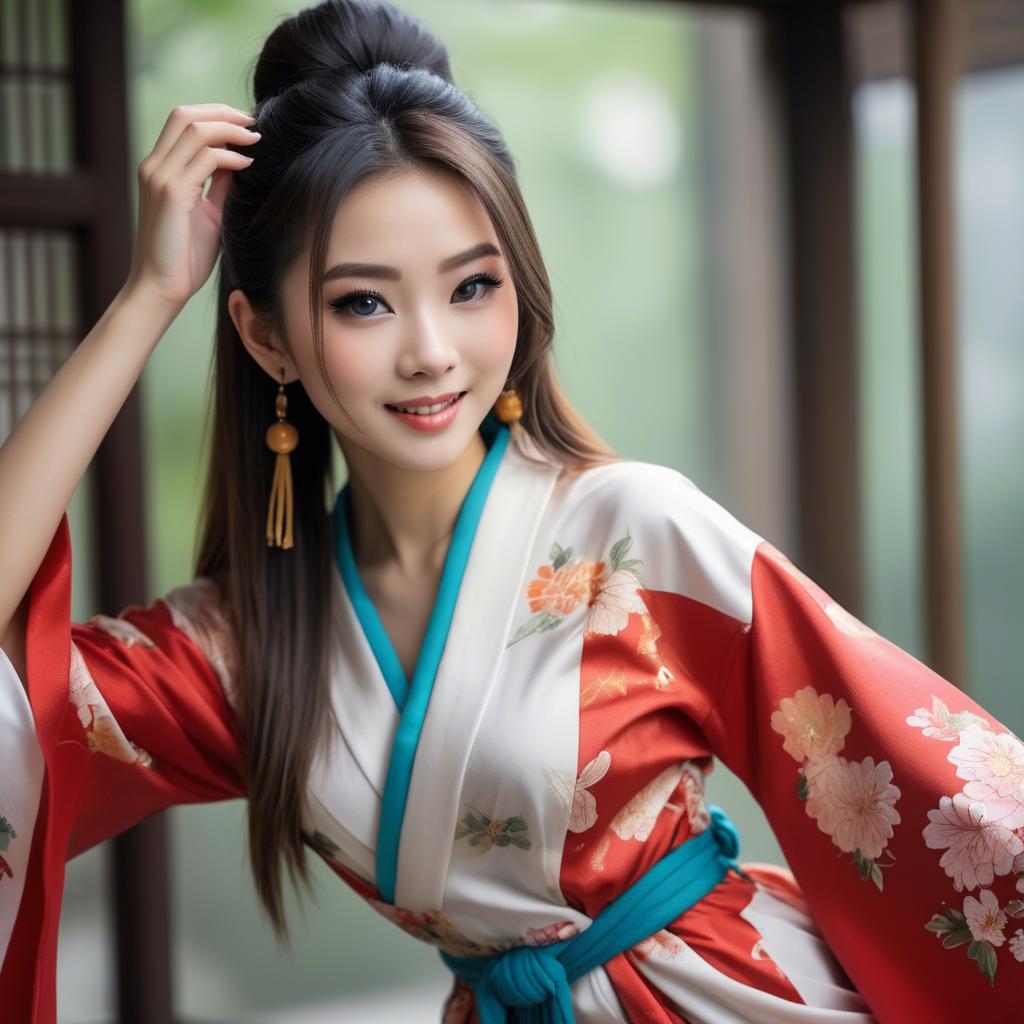 A stunning image of asian beauty, playful and alluring in traditional robe.