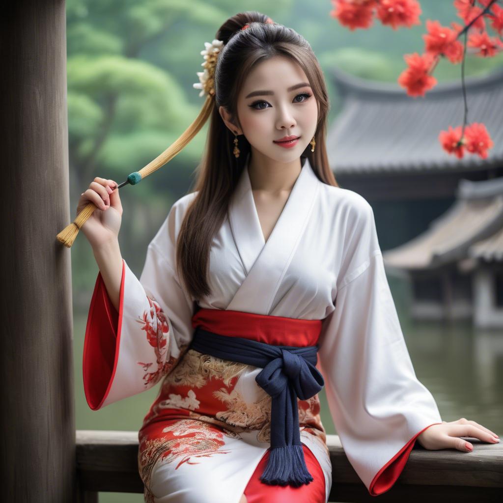 A stunning image of asian beauty, playful and alluring in traditional robe.