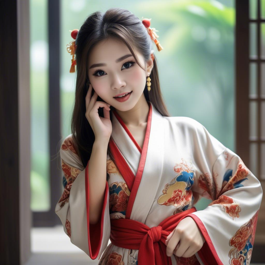 A stunning image of asian beauty, playful and alluring in traditional robe.
